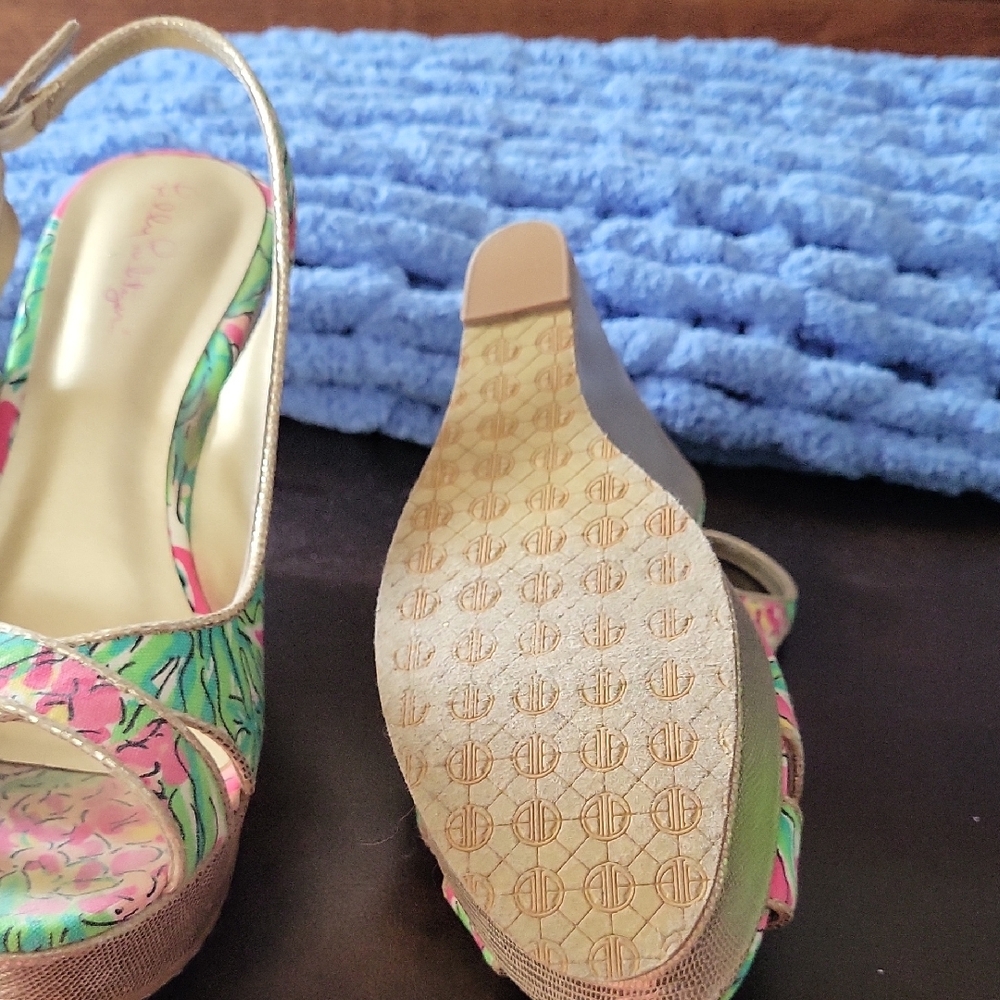 Lilly Pulitzer Vibrant Pink and Green Peep-Toe Wedges - Picture 3 of 4